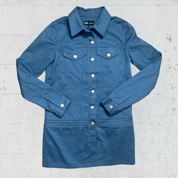NWT Zara Button Front Mini Denim Utility Dress Blue Size Size Small - Picture 6 of 10